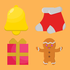 vector illustrations of items commonly found at Christmas such as bells, gingerbread cookies, gifts and socks.