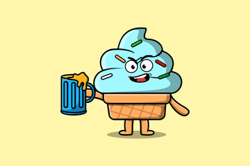 Cute Ice cream cartoon mascot character with beer glass and cute stylish design flat illustration