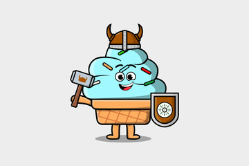 Cute cartoon character Ice cream viking pirate with hat and holding hammer and shield