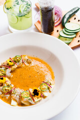 Mexican food, agua chile with mojito, on a board pepper, chili, cucumber and onion. Food.