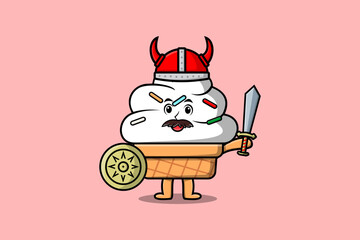 Cute cartoon character Ice cream viking pirate with hat and holding sword and shield illustration