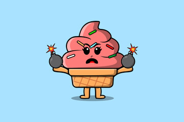 Cute cartoon Ice cream holding bomb with scared expression in flat modern style design
