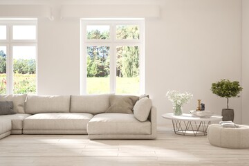 White living room with sofa and summer landscape in window. Scandinavian interior design. 3D illustration