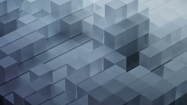 Innovative Tech Wallpaper with Precisely Arranged Translucent Cubes. Grey, 3D Render.