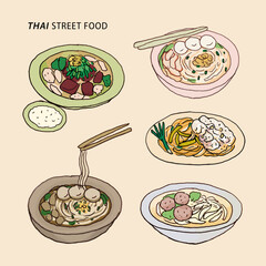 Thai noodles set, freehand drawn style