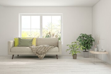 White living room with sofa and summer landscape in window. Scandinavian interior design. 3D illustration