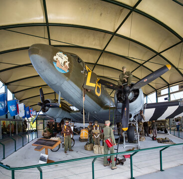 St Mere Eglise, Normandy May 7th 2013 : Inside the C47 hangar at the American Airborne museum