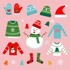 Snowman and winter clothing set on pink background.