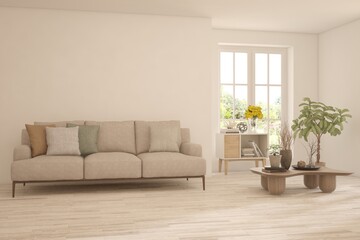 White living room with sofa. Scandinavian interior design. 3D illustration
