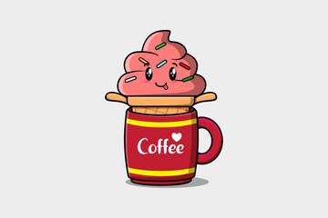 Ice cream cute character illustration in a coffee cup in flat modern design
