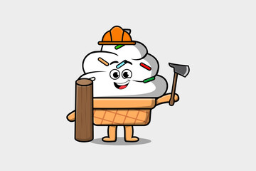 Cute cartoon Ice cream as carpenter character with ax and wood in flat modern style