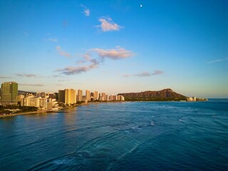 Moon over Diamond Head at sunset, Honolulu Hawai'i