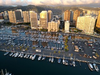 Ala Wai Boat Harbor, Honolulu Hawaii at dusk