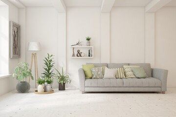 White living room with sofa. Scandinavian interior design. 3D illustration