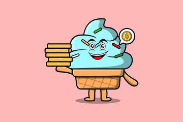 Cute cartoon Ice cream character holding in stacked gold coin vector illustration