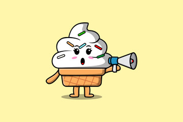 Cute Cartoon Ice cream character speak with megaphone in 3d cartoon style concept