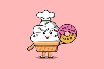 Cute cartoon Ice cream chef character donuts in flat cartoon style illustration