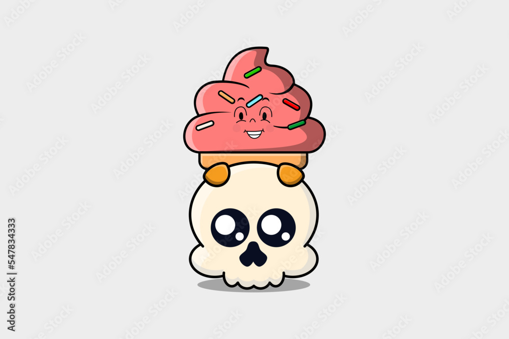 Poster Cute Ice cream cartoon character hiding in skull illustration in flat modern design