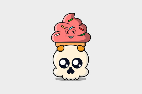 Cute Ice cream cartoon character hiding in skull illustration in flat modern design