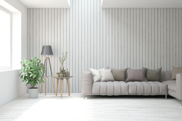 White living room with sofa. Scandinavian interior design. 3D illustration