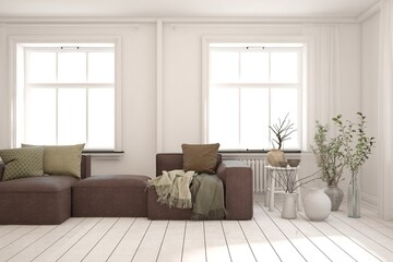 White living room with sofa. Scandinavian interior design. 3D illustration