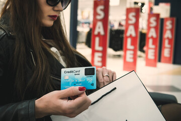 Pretty woman in dark glasses sitting in mall department and holding credit card and white paper shopping bag at red discount signs background. Girl shows face side of bank card. Buying stuff on sale.
