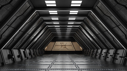Inside spaceship or space station interior, Sci-Fi tunnel, corridor with empty space, 3D rendering