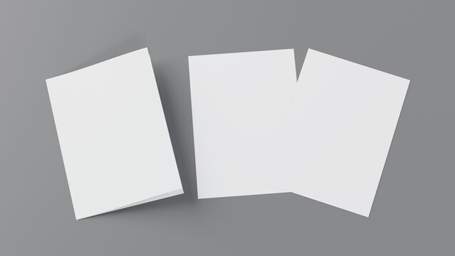 Blank paper A4 flyer postcard brochure booklet, half-folded bifold mockup template, 3d rendering.