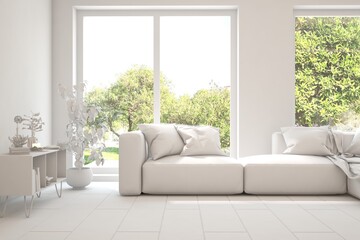 Mock up of stylish room in white color with sofa and green landscape in window. Scandinavian interior design. 3D illustration