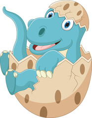 Cute cartoon baby dinosaur sitting in egg