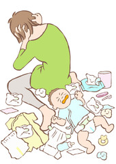 頭を抱える育児ノイローゼの若い女性と泣き叫ぶ赤ちゃんのイラスト