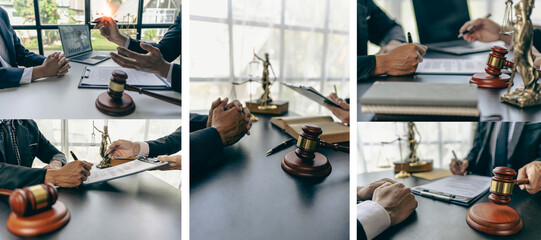 
Legal services. Advice. Justice concept. Businessmen and lawyers discussing contract documents on wooden table in office Judge Havel and Justice lawyers having a team meeting at the law firm.