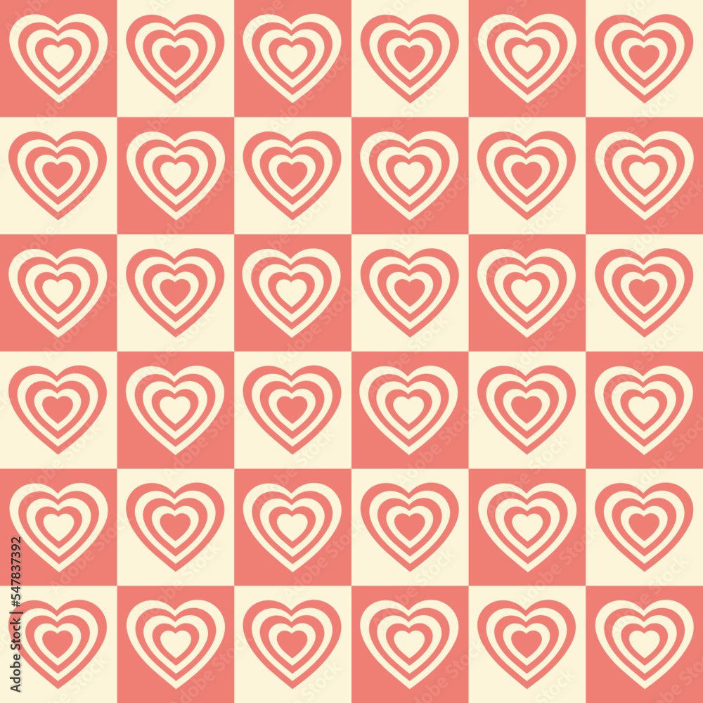 Aufkleber monochrome seamless pattern with hearts shaped tunnel on a checkered background. modern retro hippie