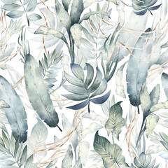 Watercolor hand drawn seamless pattern, colorful illustration of tropical palm leaves. Exotic green leaves, liana, branches isolated on white background. Floral jungle tree botanical design elements.