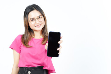 Fototapeta premium Showing Apps or Ads On Blank Screen Smartphone Of Beautiful Asian Woman Isolated On White Background