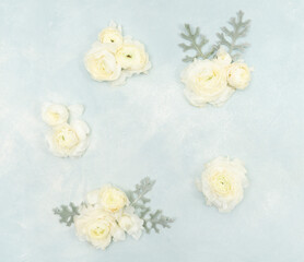Fototapeta na wymiar Beautiful white ranunculus flowers on light blue background with copy space