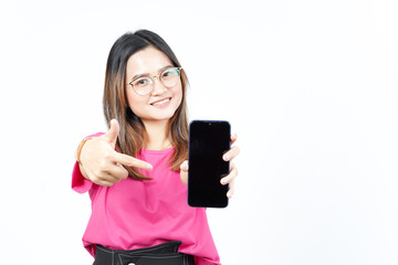 Showing Apps or Ads On Blank Screen Smartphone Of Beautiful Asian Woman Isolated On White Background