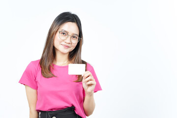 Naklejka premium Holding Blank Bank Card Or Credit Card Of Beautiful Asian Woman Isolated On White Background