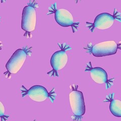 Hand drawn seamless pattern with pastel holographic dreamy dessert sweet food. Pink blue purple cake cupcake macaroon biscuit tasty bakery baking, birthday party design, trendy confectionery art.