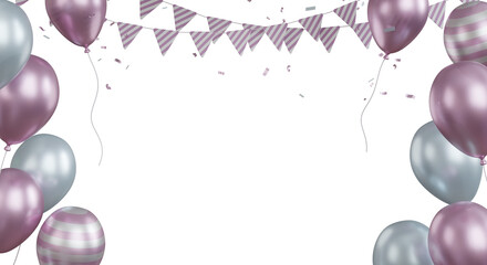 3D Rendering Pink Template Balloons, confetti and Bunting for Birthday, Party, Festival Decoration
