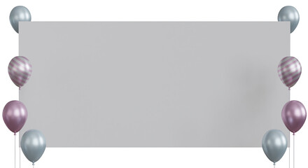 3D Rendering Pink Template Balloons and Blank Paper Banner for Birthday, Party, Festival Decoration.