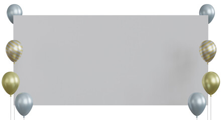 3D Rendering Gold Template Balloons and Blank Paper Banner for Birthday, Party, Festival Decoration.