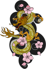 hand drawn Dragon tattoo ,coloring book japanese style.Japanese old dragon with Sunrise.Symbol of chinese dragon illustration on background for T-shirt. Traditional Asian tattoo the old dragon vector.