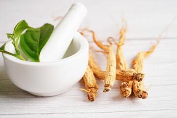 Ginseng roots and green leaf, healthy food.