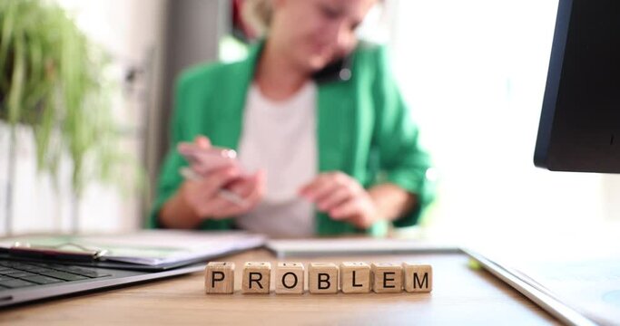 Businesswoman manager solves problems with client remotely phone