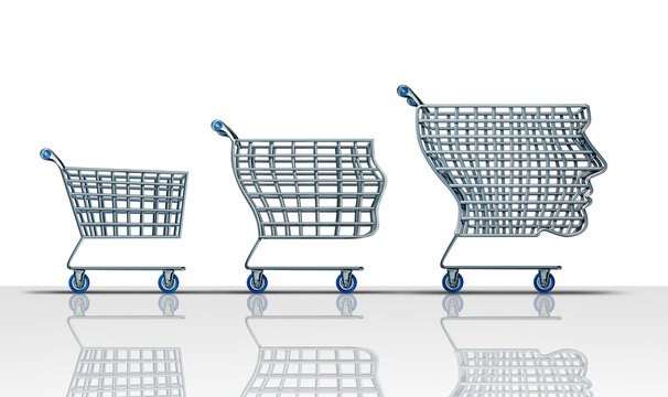 Customer development and retail shopper concept as a shopping cart evolving and growing into an intelligent buyer as a business sales strategy growth
