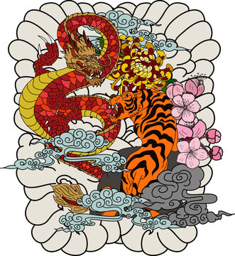 Dragon fighting with tiger tattoo.Dragon and tiger on cloud and red rising sun.Koi fish vector illustration for printing on shirt.Japanese culture for painting on background.