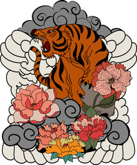 Traditional Japanese tiger tattoo.Tiger Sticker tattoo design,Cartoon tiger on black background.Vector illustration for embroidery and printing on shirt.Beautiful line art of flower.