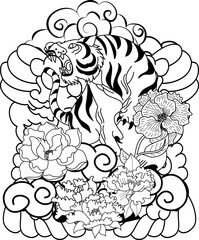 Traditional Japanese tiger tattoo.Tiger Sticker tattoo design,Cartoon tiger on black background.Vector illustration for embroidery and printing on shirt.Beautiful line art of flower.
