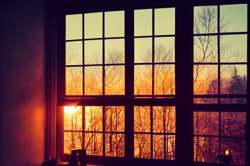 Viewing a sunset through a window, created using AI; artificial intelligence